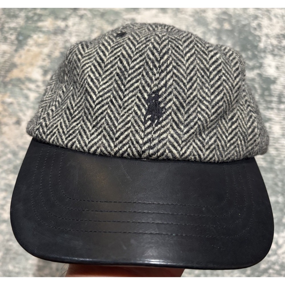 VINTAGE Polo Ralph Lauren Wool Herringbone Leather Bill Strapback Hat Cap Y2K